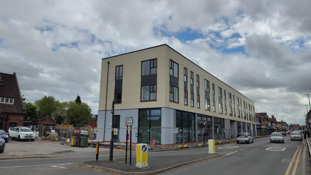 View South along Pershore Road showing building almost complete, May 2026